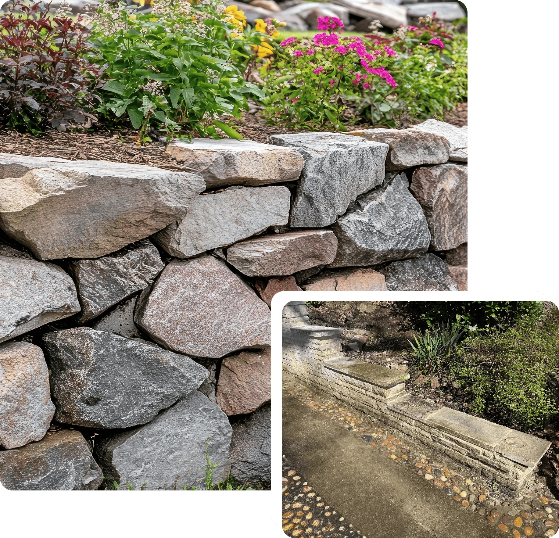 Trockenmauer aus Natursteinen unter blühendem Beet und Sandsteinmauer an einem Kieselweg