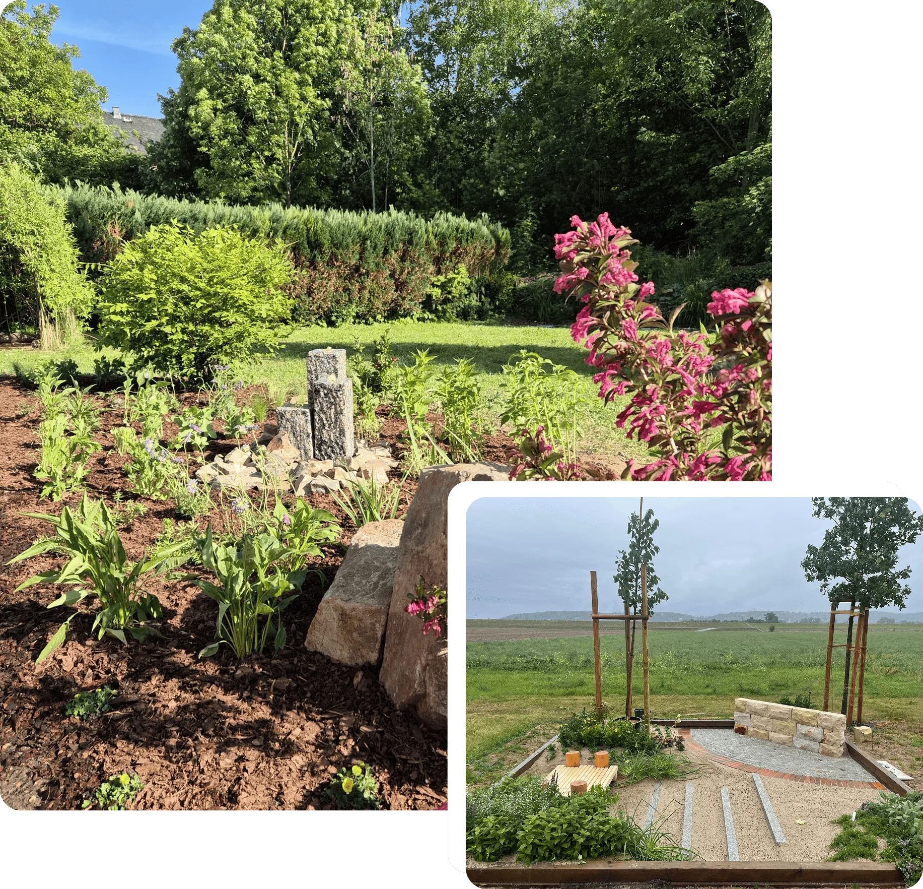 Staudenbeet mit Findlingen und Quellstein, dazu neu angelegter Garten mit Sandsteinmauer