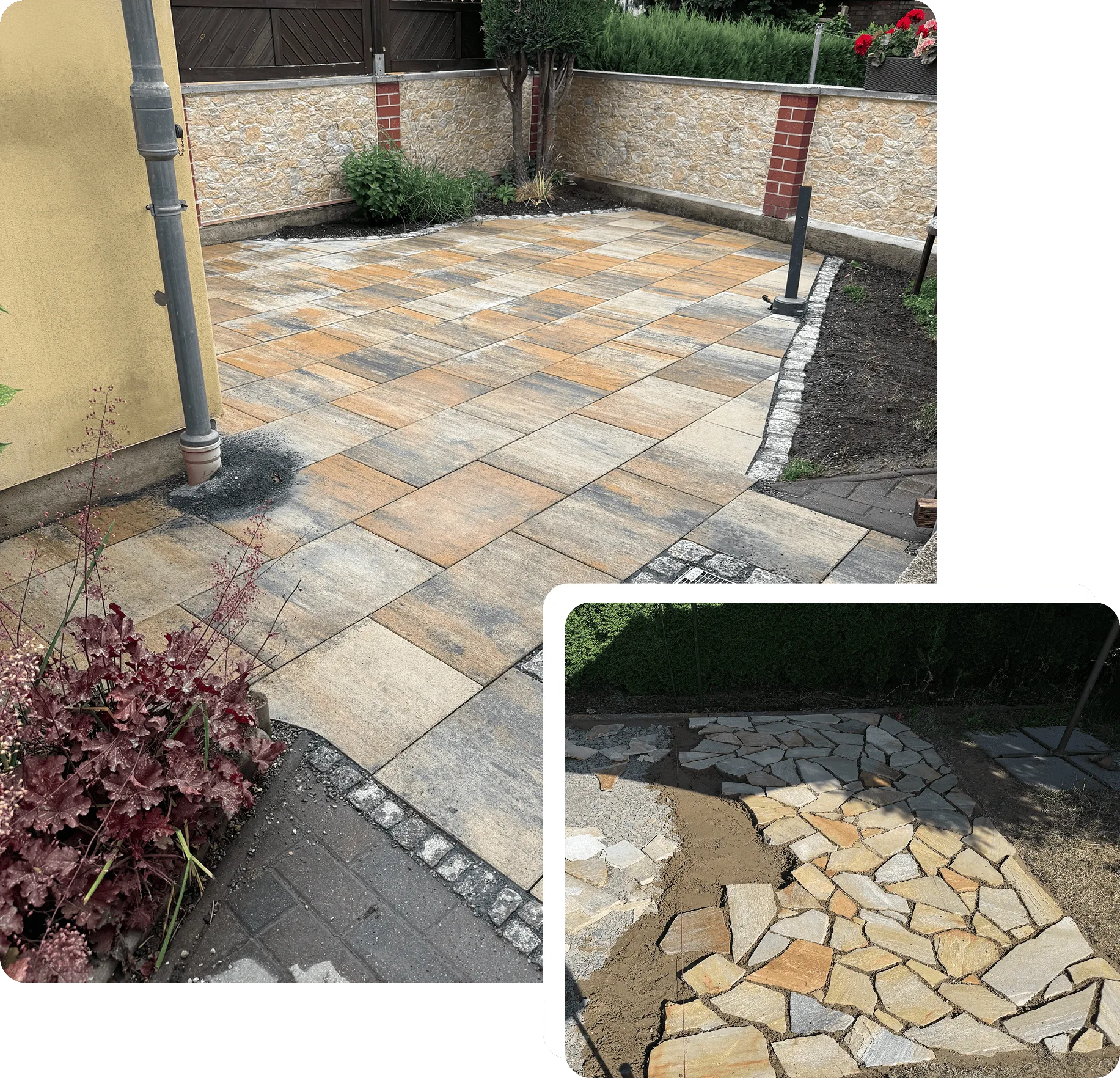 Terrasse aus mehrfarbigen Betonplatten und im Bau befindliche Fläche aus Polygonalplatten