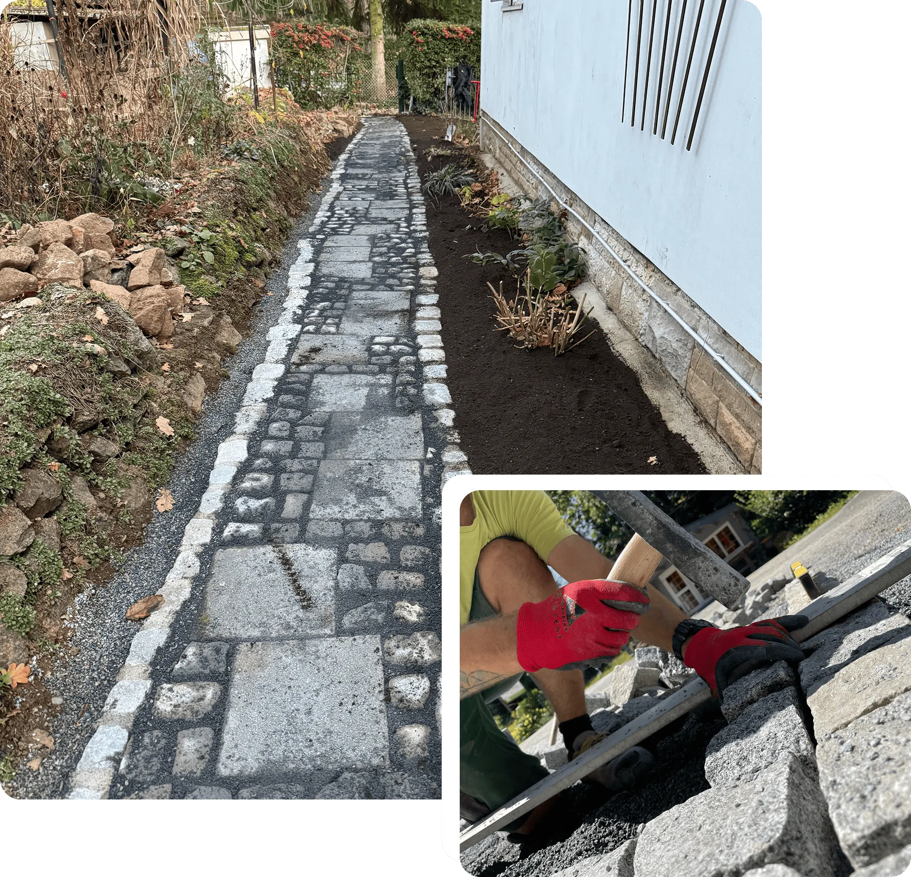 Gartenweg aus Granitplatten und Pflaster, daneben Hände beim Pflastersetzen