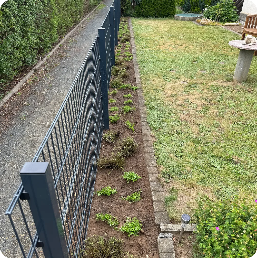 Doppelstabmattenzaun mit neu bepflanztem Beetstreifen und Randsteinen am Rasen